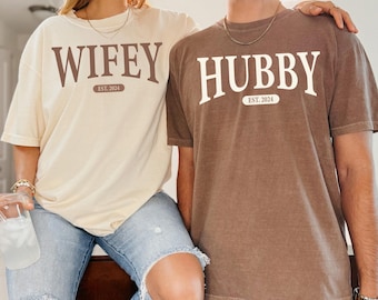 Custom Wifey and Hubby Est. Year Shirt, Wedding Party Shirt, Honeymoon Shirt, Wife and Hubs Matching Couples Tees,Couple Anniversary Tee