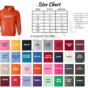 The image is a size chart for a hoodie, displaying the different sizes available in a range of colors. The chart provides the corresponding width and length for each size, as well as the corresponding color. The chart also includes a color swatch for each size, allowing customers to see the color options available.