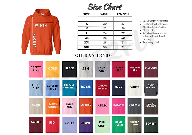 The image is a size chart for a hoodie, displaying the different sizes available in a range of colors. The chart provides the corresponding width and length for each size, as well as the corresponding color. The chart also includes a color swatch for each size, allowing customers to see the color options available.