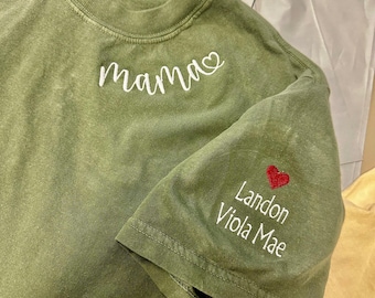Embroidered Mama shirt, Kids names on the sleeve, Comfort colors Shirt, Custom Mom Shirt, Personalized Mom Tee With Names, Mothers Day Gifts