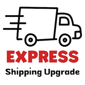May include: Black and white line drawing of a delivery truck with three horizontal lines indicating speed. The word "EXPRESS" is in red, and "Shipping Upgrade" is below it in black.