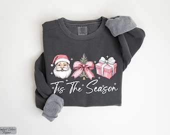 Tis The Season Christmas Sweatshirt, Christmas Pink Santa Sweatshirt, Merry Christmas Sweatshirt, Pink Christmas Sweatshirt Gift for Her