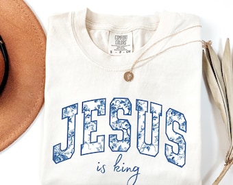Comfort Colors Jesus Is King Shirt, Blue Floral Toile de Jouy Shirt, Christian Tee Gift, Faith Based Apparel, Christianity Gift, Church Tee