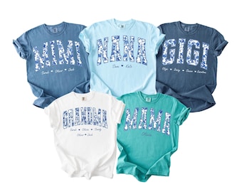 Customized Comfort Colors® Gigi Mama Mimi Nana Grandma Shirt, Blue Floral Mama Shirt with Kids Names, Mothers Day Tee, Toile Grandma Shirt