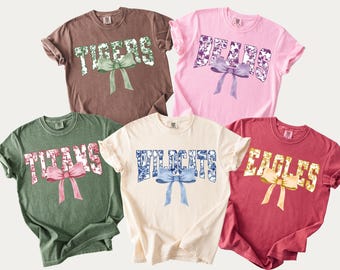 Custom Floral Blue Varsity Coquette Bow Shirt, Customized Sports Team Shirt,  Floral Mascot Name Shirt, Chinoiserie Blue Ribbon Toile Tee.