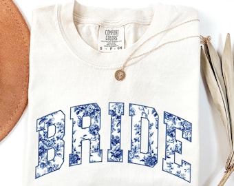 Comfort Colors®  Blue Toile Floral T-Shirt, Aesthetic Bridal Gift, Bride Chinoiserie Shirt, Blue Chinoiserie Bride Shirt, Gift for Fiance