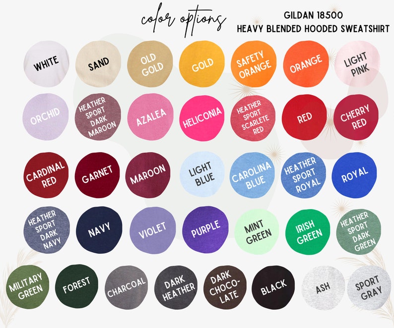 K&ouml;nnte beinhalten: Farbkarte f&uuml;r das Gildan 18500 Heavy Blended Kapuzen-Sweatshirt. Die Karte zeigt 25 verschiedene Farboptionen f&uuml;r das Sweatshirt, darunter Wei&szlig;, Sand, Altgold, Gold, Sicherheitsorange, Orange, Hellrosa, Orchidee, Heather Sport Dunkelrotbraun, Azalee, Heliconia, Kardinalrot, Granat, Rotbraun, Hellblau, Carolina Blau, Heather Sport Royal, Royal, Heather Sport Dunkelblau, Marine, Violett, Lila, Mintgr&uuml;n, Irisch Gr&uuml;n, Heather Sport Dunkelgr&uuml;n, Milit&auml;rgr&uuml;n, Wald, Anthrazit, Dunkel Heather, Dunkel Schokolade, Schwarz, Asche und Sportgrau.