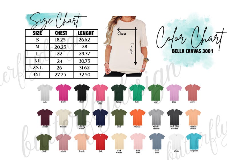 The image is a color chart for a t-shirt design, displaying various color options and their corresponding measurements.