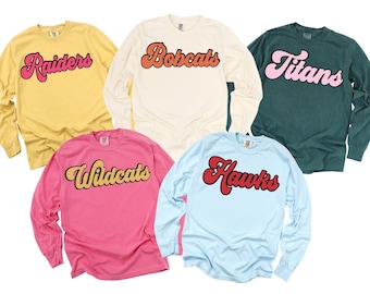 Comfort Colors® Custom School Mascot Long Sleeve T-Shirt, Custom Sports Sweatshirt, Custom Team Mascot Sweater, School Spirit Sweatshirt,