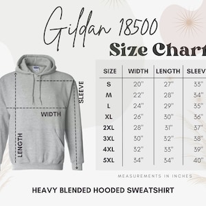 K&ouml;nnte beinhalten: Gr&ouml;&szlig;entabelle f&uuml;r das Gildan 18500 Heavy Blended Hooded Sweatshirt. Die Tabelle zeigt die Ma&szlig;e in Zoll f&uuml;r Breite, L&auml;nge und &Auml;rmell&auml;nge f&uuml;r die Gr&ouml;&szlig;en S bis 5XL.