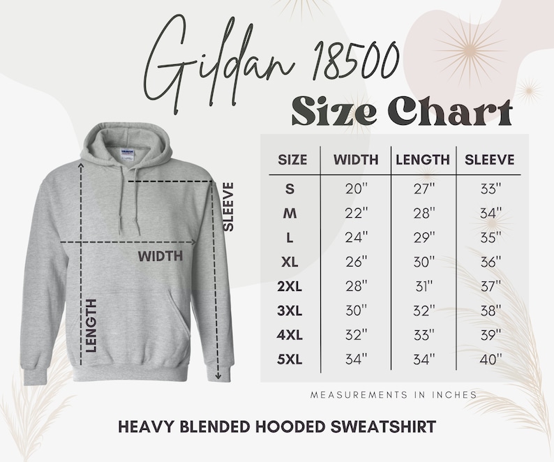K&ouml;nnte beinhalten: Gr&ouml;&szlig;entabelle f&uuml;r das Gildan 18500 Heavy Blended Hooded Sweatshirt. Die Tabelle zeigt die Ma&szlig;e in Zoll f&uuml;r Breite, L&auml;nge und &Auml;rmell&auml;nge f&uuml;r die Gr&ouml;&szlig;en S bis 5XL.