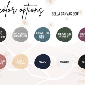 Op de afbeelding: Kleuropties voor Bella Canvas 3001 T-shirts. De kleuren omvatten donkergrijs heather, atletisch heather, heather deep teal, heather forest, heather maroon, heather mauve, zachte cr&egrave;me, marine, wit en zwart.
