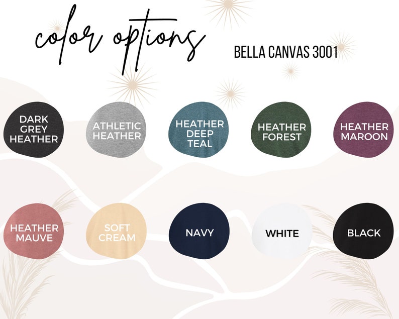 Op de afbeelding: Kleuropties voor Bella Canvas 3001 T-shirts. De kleuren omvatten donkergrijs heather, atletisch heather, heather deep teal, heather forest, heather maroon, heather mauve, zachte cr&egrave;me, marine, wit en zwart.