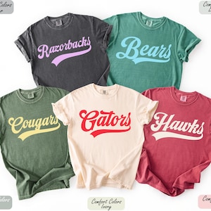 May include: A collection of Comfort Colors t-shirts in various hues, each displaying a team name in a stylized font. The shirts are in shades of gray, green, ivory, red, and teal, with team names in complementary colors.