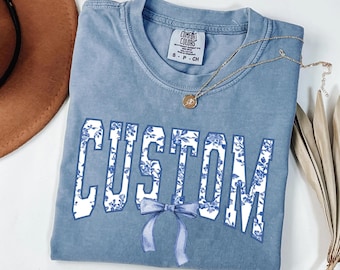 Toile De Jouy Coquette Bow Custom Shirt, Custom Chinoiserie Shirt, Custom Blue Ribbon T-Shirt, Coquette Bow Shirt, Girly Aesthetic T-Shirt