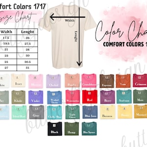 The image is a size chart for a t-shirt, showing the different sizes available in a range of colors. The chart provides the width and length measurements for each size, as well as the corresponding color. The chart also includes a color chart, which displays the available colors for each size. The image is a collage of multiple images, and the text is concise and avoids redundancy.