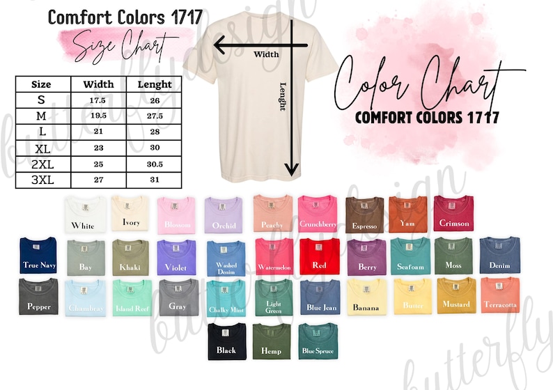The image is a size chart for a t-shirt, showing the different sizes available in a range of colors. The chart provides the width and length measurements for each size, as well as the corresponding color. The chart also includes a color chart, which displays the available colors for each size. The image is a collage of multiple images, and the text is concise and avoids redundancy.