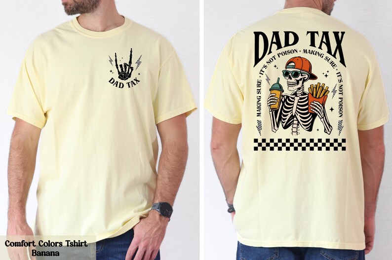 A yellow t-shirt with a graphic design on the back, depicting a skeleton wearing a baseball cap and holding a beer.