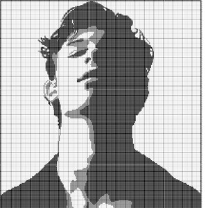 May include: Black and white pixel art portrait of Shawn Mendes. The image features a grid-like pattern, with varying shades of gray and black creating the portrait. The artist's signature, "Shawn Mendes," is at the bottom.
