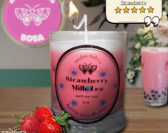 Strawberry Milk Tea Boba Candle: 9 oz Soy Wax, Kawaii Gift