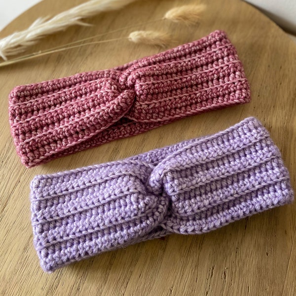 Bandeau en laine pour femmes - bandeau twist - chauffe oreilles - Headband laine - bandeau crocheté fait main - lilas et rose foncé chiné