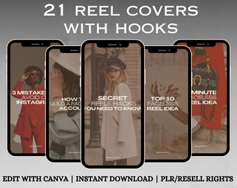 21 Reel Covers with Hooks For Faceless Digital Marketing, Master Resell Rights , Private Label Rights, PLR, Instagram Story Covers, Canva