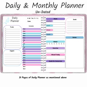 May include: A pink and white daily and monthly planner with a spiral binding. The planner has sections for daily tasks, meals, goals, notes, and water intake. The planner is undated and has 31 pages.
