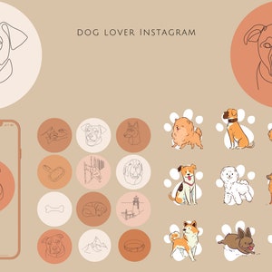 May include: A set of 16 Instagram story highlights icons featuring various dog breeds and dog-related themes. The icons are in a circular shape with a brown background and white paw prints. The icons include a dog bone, a dog sleeping, a dog leash, a dog collar, a dog paw print, a dog sitting, a dog running, a dog barking, a dog wagging its tail, a dog with a hat, a dog with a scarf, a dog with a bow tie, a dog with a bandana, a dog with a crown, a dog with a heart, and a dog with a star.