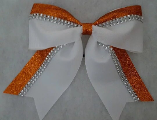White with Orange Glitter Hairbow with clear rhinestones