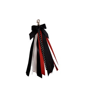 May include: A black and white polka dot ribbon with red and white ribbons attached to a silver clip. The ribbons are tied into a bow at the top.