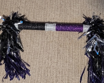 Spirit Stick - Purple Black and Silver Glitter with Purple Silver and Black Tassels