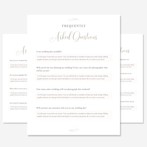 May include: A printable checklist of frequently asked questions for wedding photographers. The questions are written in a brown font on a white background with a decorative floral border.