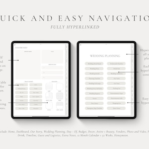 May include: A digital planner for wedding planning with a dashboard, table of contents, and sections for wedding planning, day-of, budget, decor, attire, beauty, vendors, photo and video, food and drink, timeline, guest and logistics, extra notes, a 12-month calendar, and 52 weeks and honeymoon.