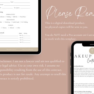 Op de afbeelding: Een digitaal downloadbare sjabloon voor een make-up serviceovereenkomst. De sjabloon is ontworpen voor gebruik met Canva en bevat een disclaimer dat de gebruiker geen advocaat is en geen juridisch advies kan geven. De sjabloon is niet bedoeld voor wederverkoop.