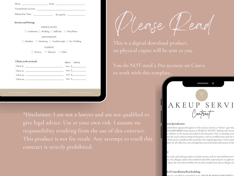 Op de afbeelding: Een digitaal downloadbare sjabloon voor een make-up serviceovereenkomst. De sjabloon is ontworpen voor gebruik met Canva en bevat een disclaimer dat de gebruiker geen advocaat is en geen juridisch advies kan geven. De sjabloon is niet bedoeld voor wederverkoop.