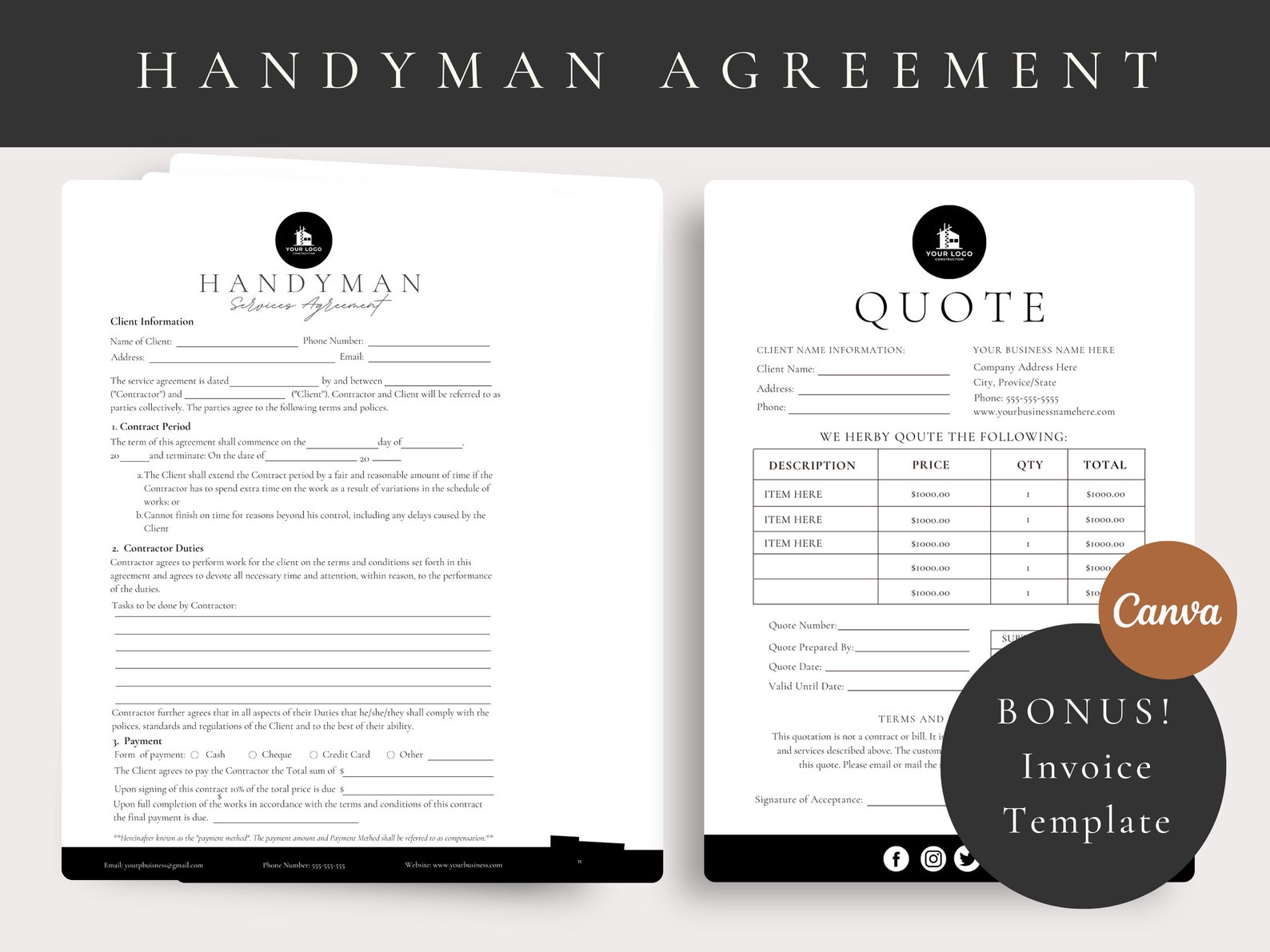 Handyman Contract Template Handyman Agreement Template Etsy Handyman Contract Template Handyman Agreement Template Etsy