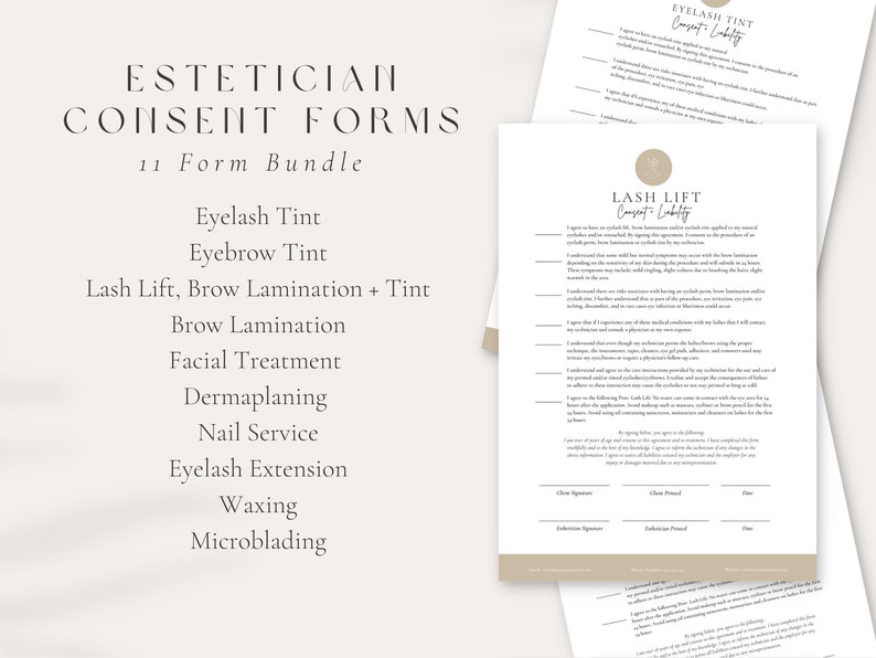 May include: A set of 11 printable consent forms for esthetician services, including eyelash tint, eyebrow tint, lash lift, brow lamination, facial treatment, dermaplaning, nail service, eyelash extension, waxing, and microblading.