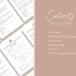 Op de afbeelding: Een set contracten voor make-up diensten. De contracten bevatten secties voor aansprakelijkheid, annuleringsmethode, betalingen, fotografie, reizen en verantwoordelijkheden van de klant. De tekst "Contracts Include" is geschreven in een cursief schrift.