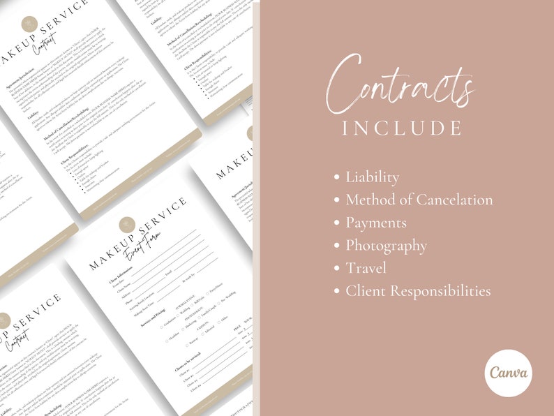 Op de afbeelding: Een set contracten voor make-up diensten. De contracten bevatten secties voor aansprakelijkheid, annuleringsmethode, betalingen, fotografie, reizen en verantwoordelijkheden van de klant. De tekst "Contracts Include" is geschreven in een cursief schrift.