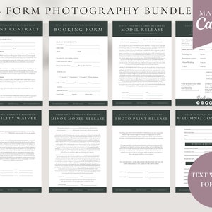 Pode incluir: Um conjunto de oito formul&aacute;rios de fotografia imprim&iacute;veis em um esquema de cores verde e branco. Os formul&aacute;rios incluem um contrato de cliente, um formul&aacute;rio de reserva, uma autoriza&ccedil;&atilde;o de modelo, uma isen&ccedil;&atilde;o de responsabilidade, uma autoriza&ccedil;&atilde;o de modelo menor, uma autoriza&ccedil;&atilde;o de impress&atilde;o de fotos e um contrato de casamento. O texto nos formul&aacute;rios &eacute; escrito em uma fonte simples e moderna. Os formul&aacute;rios s&atilde;o projetados para serem usados por fot&oacute;grafos para otimizar seus processos comerciais.