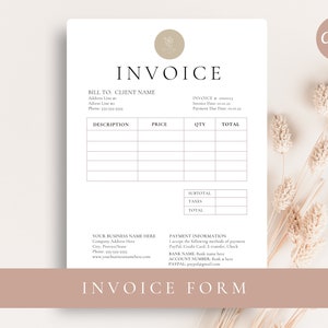 May include: A blank invoice form with a minimalist design. The form includes sections for billing information, description, price, quantity, total, subtotal, taxes, and payment information. The form has a light brown background with a floral design.