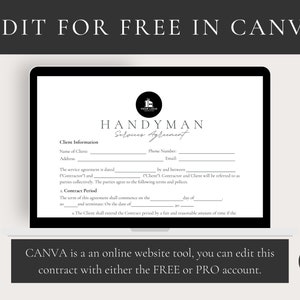 Puede incluir: Un documento digital en blanco y negro titulado "Handyman Services Agreement" con un icono de casa. El documento incluye secciones para la informaci&oacute;n del cliente, el per&iacute;odo del contrato y los t&eacute;rminos y pol&iacute;ticas. El texto "EDIT FOR FREE IN CANVA" aparece en la parte superior de la imagen. El texto "CANVA es una herramienta de sitio web en l&iacute;nea, puedes editar este contrato con una cuenta GRATIS o PRO." aparece en la parte inferior de la imagen.