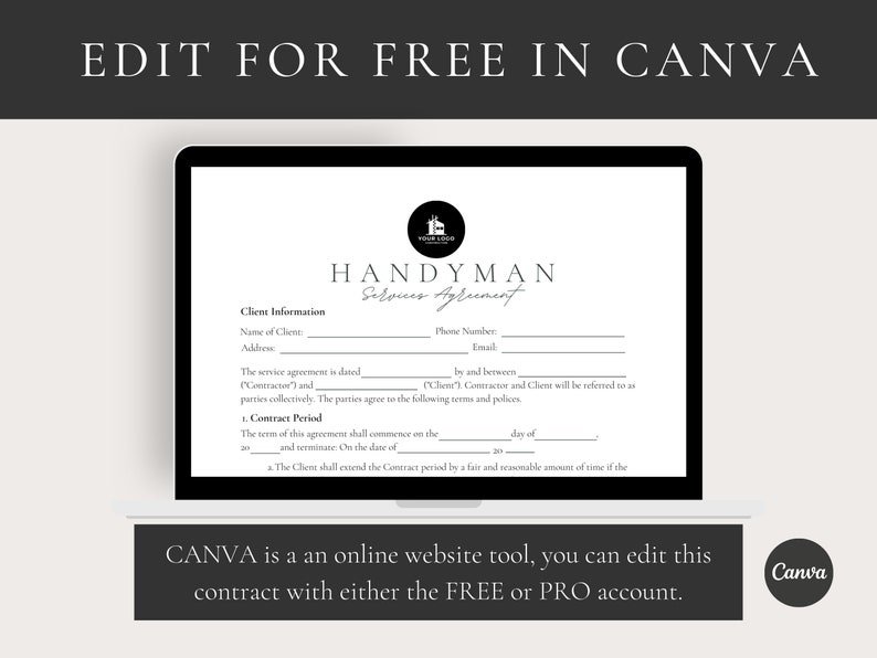 Puede incluir: Un documento digital en blanco y negro titulado "Handyman Services Agreement" con un icono de casa. El documento incluye secciones para la informaci&oacute;n del cliente, el per&iacute;odo del contrato y los t&eacute;rminos y pol&iacute;ticas. El texto "EDIT FOR FREE IN CANVA" aparece en la parte superior de la imagen. El texto "CANVA es una herramienta de sitio web en l&iacute;nea, puedes editar este contrato con una cuenta GRATIS o PRO." aparece en la parte inferior de la imagen.