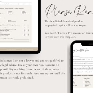 Puede incluir: Un producto de descarga digital para un formulario de consulta de belleza. El texto "Por favor, lea" est&aacute; en la parte superior de la imagen. El texto "Este es un producto de descarga digital, no se enviar&aacute;n copias f&iacute;sicas." est&aacute; debajo del texto "Por favor, lea". El texto "No necesita una cuenta Pro de Canva para trabajar con esta plantilla." est&aacute; debajo del texto anterior. El texto "*Descargo de responsabilidad: no soy abogado y no estoy calificado para brindar asesoramiento legal. &Uacute;selo bajo su propio riesgo. No asumo ninguna responsabilidad que resulte del uso de este contrato. Este producto no est&aacute; destinado a la revente. Cualquier intento de revender este contrato est&aacute; estrictamente prohibido." est&aacute; en la parte inferior de la imagen.