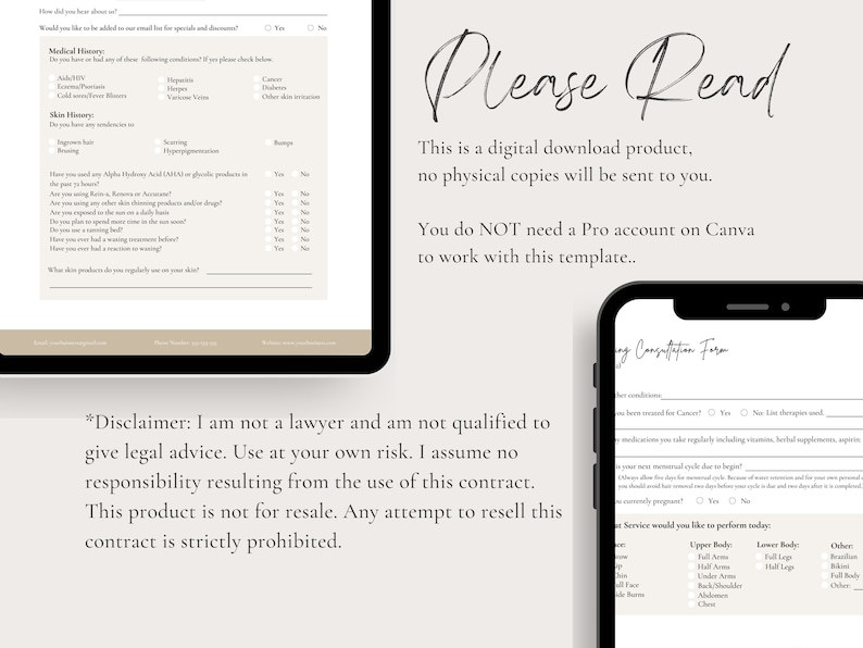 Puede incluir: Un producto de descarga digital para un formulario de consulta de belleza. El texto "Por favor, lea" est&aacute; en la parte superior de la imagen. El texto "Este es un producto de descarga digital, no se enviar&aacute;n copias f&iacute;sicas." est&aacute; debajo del texto "Por favor, lea". El texto "No necesita una cuenta Pro de Canva para trabajar con esta plantilla." est&aacute; debajo del texto anterior. El texto "*Descargo de responsabilidad: no soy abogado y no estoy calificado para brindar asesoramiento legal. &Uacute;selo bajo su propio riesgo. No asumo ninguna responsabilidad que resulte del uso de este contrato. Este producto no est&aacute; destinado a la revente. Cualquier intento de revender este contrato est&aacute; estrictamente prohibido." est&aacute; en la parte inferior de la imagen.