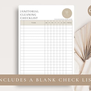 K&ouml;nnte beinhalten: Eine druckbare Reinigungscheckliste mit dem Titel "Janitorial Cleaning Checklist". Die Checkliste enth&auml;lt Spalten f&uuml;r die Aufgabe, den Wochentag und die H&auml;ufigkeit.