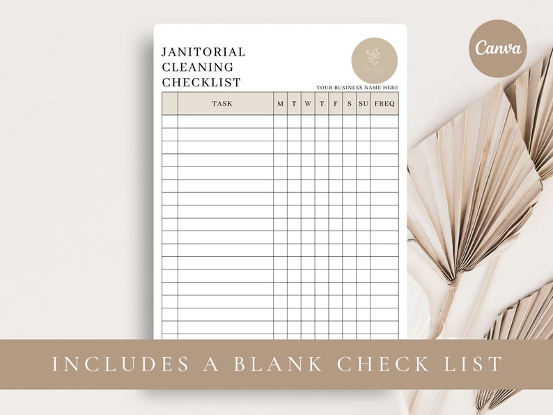 K&ouml;nnte beinhalten: Eine druckbare Reinigungscheckliste mit dem Titel "Janitorial Cleaning Checklist". Die Checkliste enth&auml;lt Spalten f&uuml;r die Aufgabe, den Wochentag und die H&auml;ufigkeit.