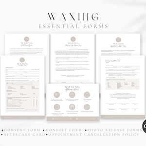 May include: A set of printable forms for waxing businesses. The forms include a consent form, consult form, photo release form, aftercare card, and appointment cancellation policy. The forms are designed in a minimalist style with a neutral color palette.