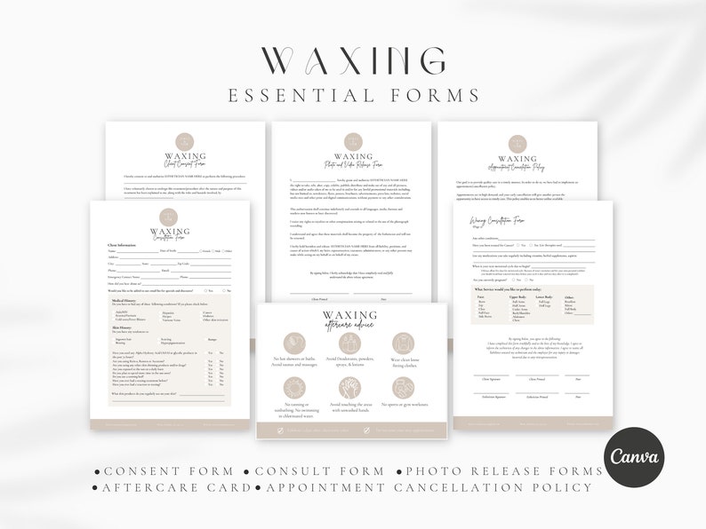 May include: A set of printable forms for waxing businesses. The forms include a consent form, consult form, photo release form, aftercare card, and appointment cancellation policy. The forms are designed in a minimalist style with a neutral color palette.