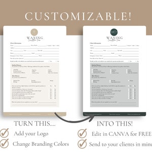Puede incluir: Un formulario de admisi&oacute;n de clientes personalizable para un negocio de depilaci&oacute;n. El formulario incluye informaci&oacute;n del cliente, historial m&eacute;dico e historial de la piel. El formulario est&aacute; dise&ntilde;ado para ser editado en Canva de forma gratuita y enviado a los clientes en minutos.
